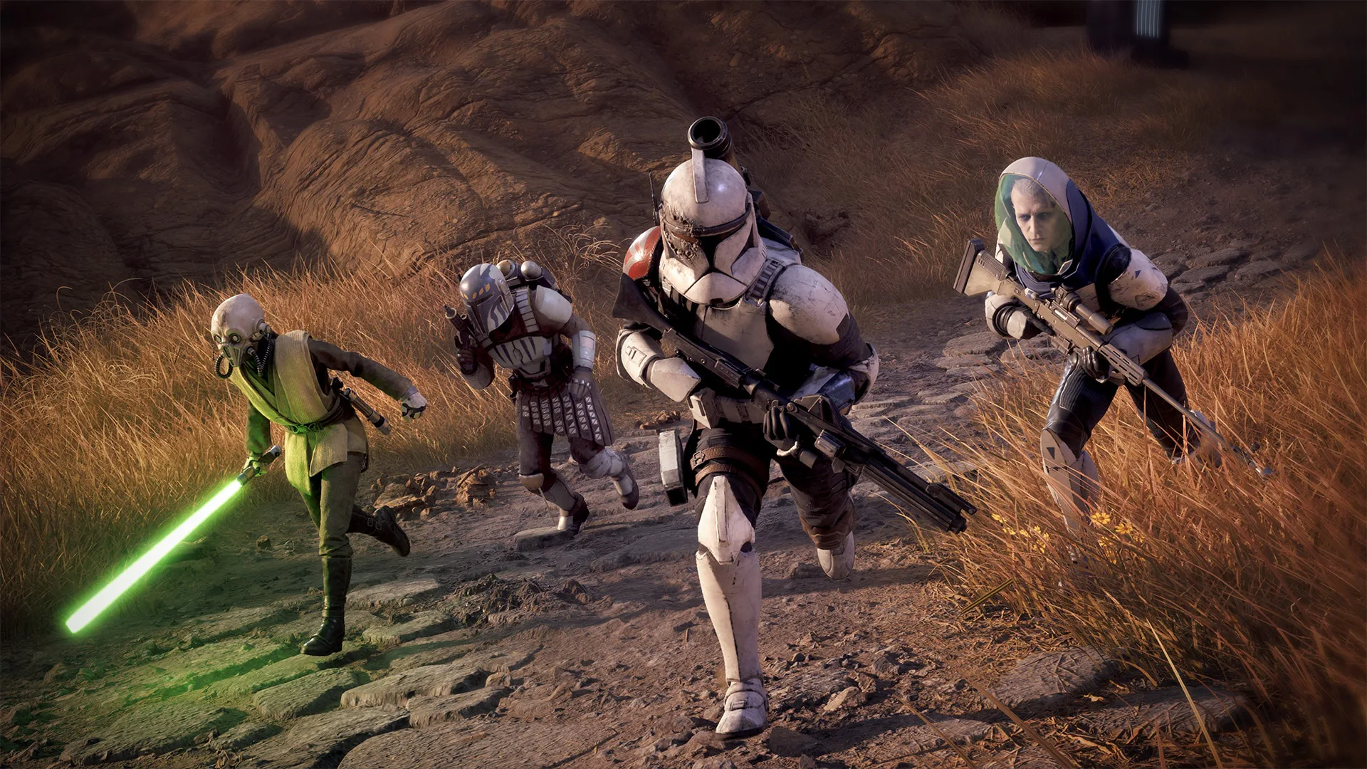 Zero Company operatives advancing together across a rocky landscape