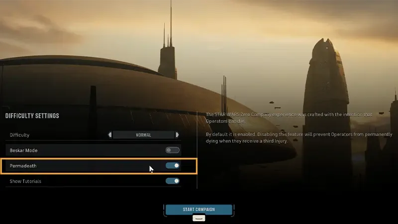 Campaign difficulty screen with Permadeath enabled
