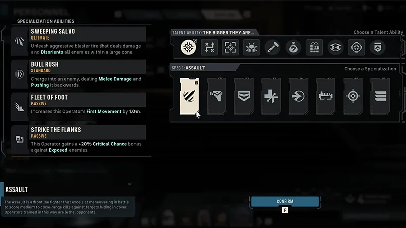 Assault specialization screen showing its ability kit