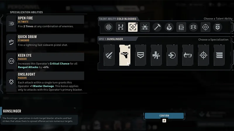 Gunslinger specialization screen showing its ability kit