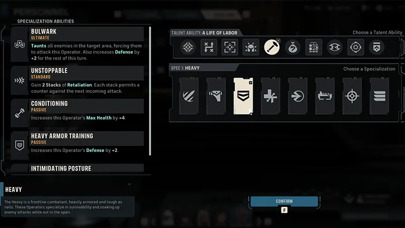Heavy specialization screen showing its ability kit
