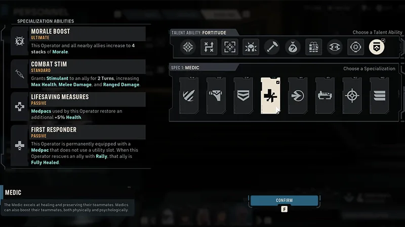 Medic specialization screen showing its ability kit