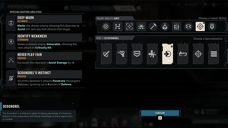 Scoundrel specialization screen showing its ability kit