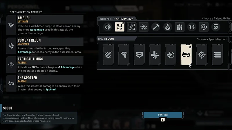 Scout specialization screen showing its ability kit
