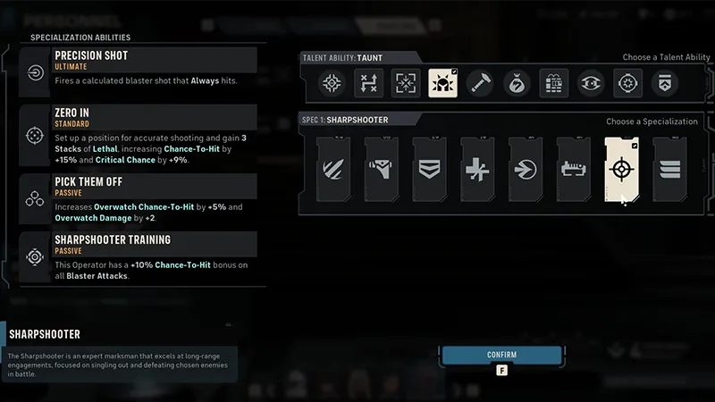 Sharpshooter specialization screen showing its ability kit