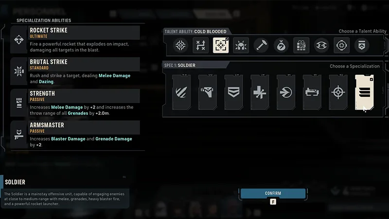 Soldier specialization screen showing its ability kit