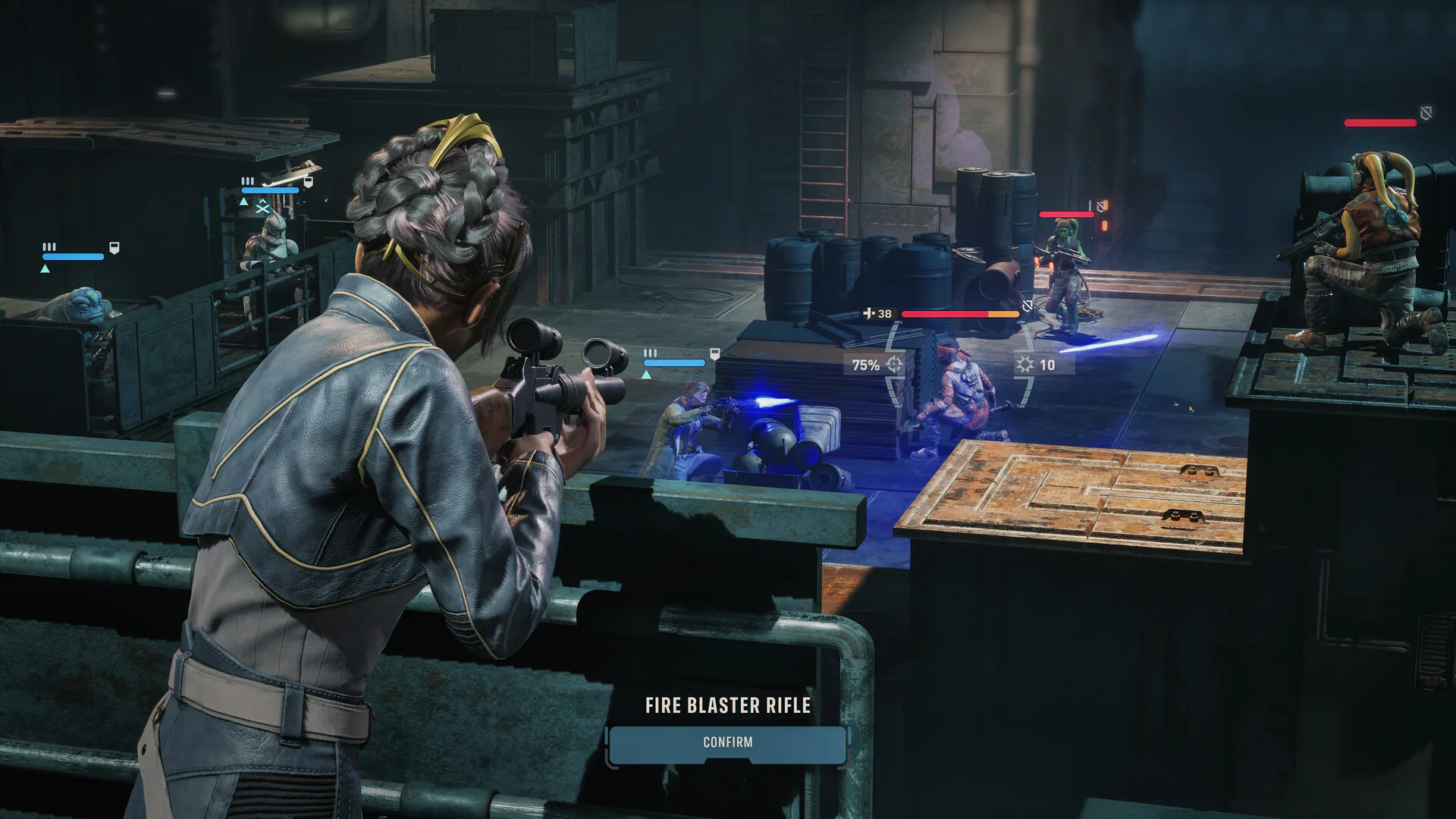 Fire Blaster Rifle interface displaying 75 percent chance to hit