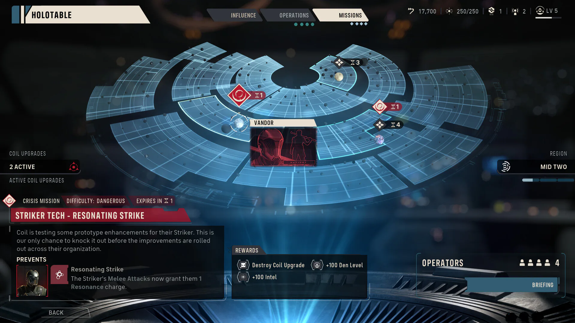Holotable Missions screen with a Dangerous crisis mission and rewards
