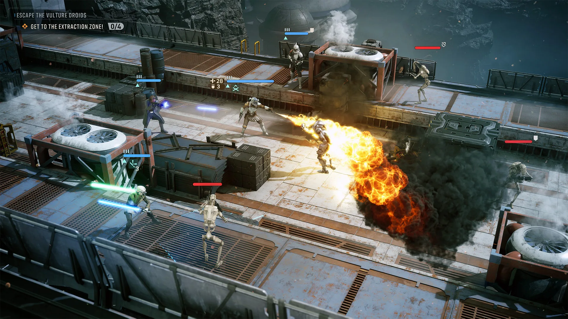 Zero Company squad fighting battle droids in turn-based tactical combat